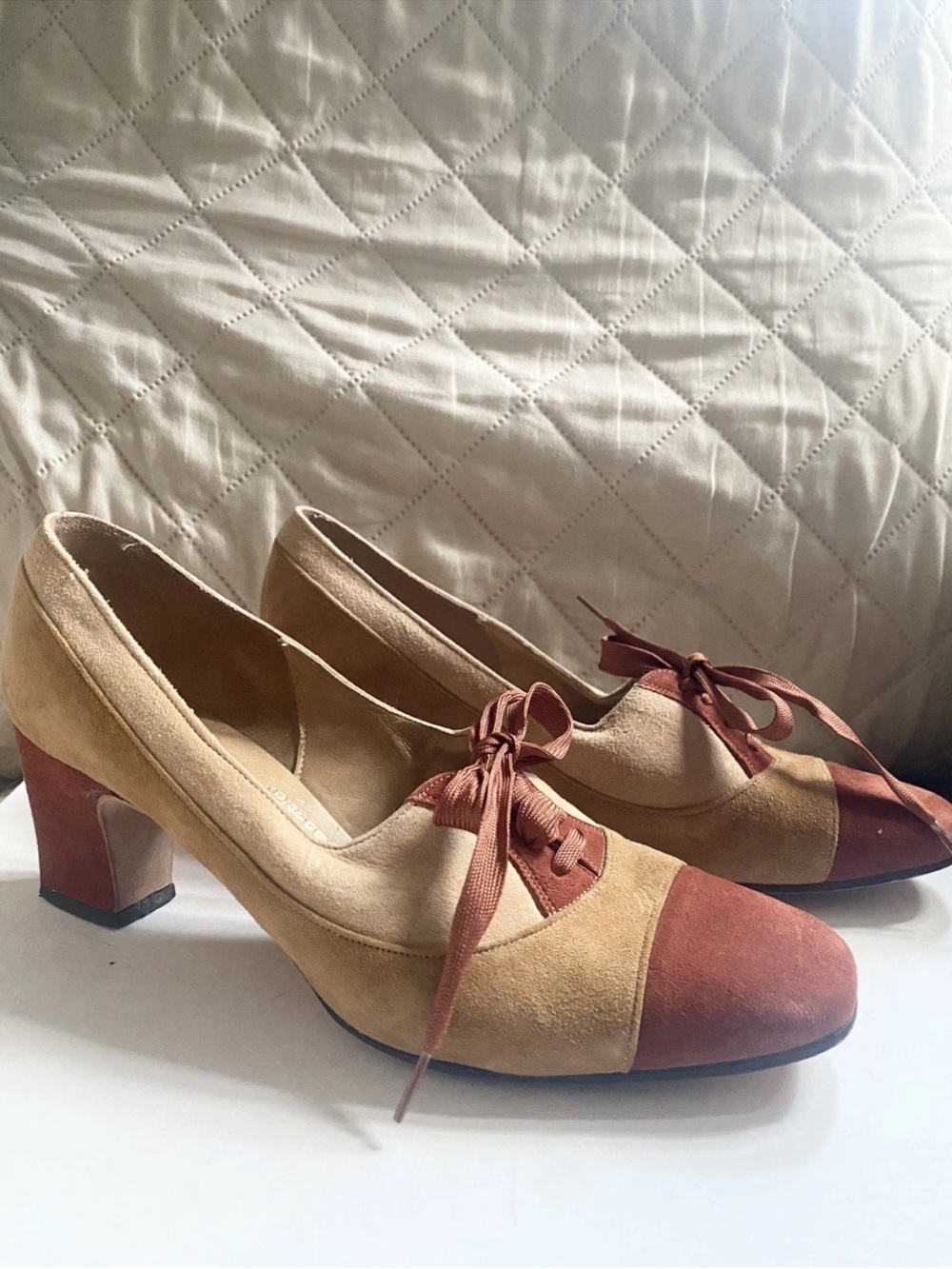 Two-Tone Suede Lace-Up Heels in Tan and Rust